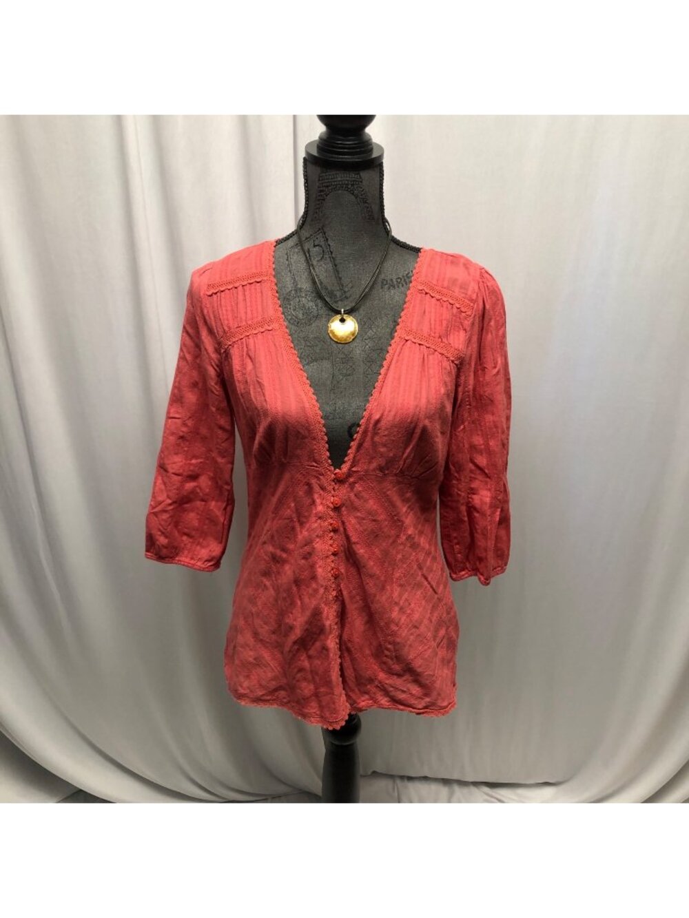 Sonoma Coral Cotton Blouse Womens Size Medium Button Front V-Neck Boho Top